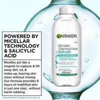 Garnier Micellar Salicylic Cleansing Water, powered by micellar technology and salicylic acid.