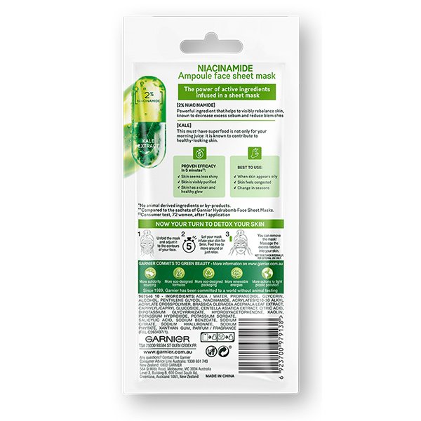 Garnier Niacinamide Detox Ampoule Face Sheet Mask, Kale Extract