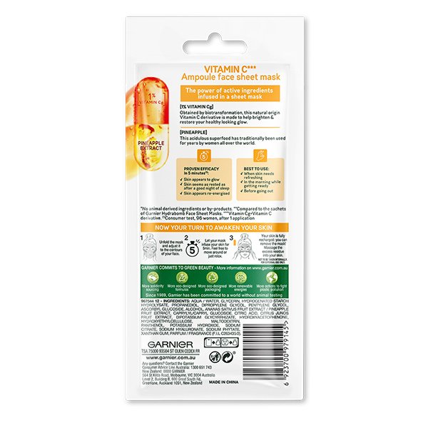 Garnier Vitamin C Anti Fatigue Ampoule Face Sheet Mask, Pineapple Extract