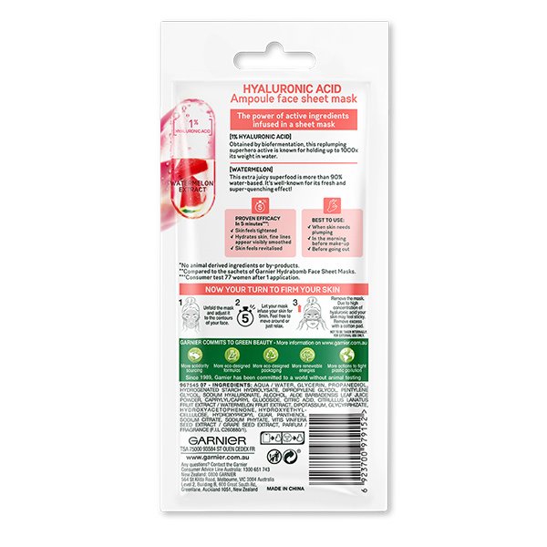 Garnier Hyaluronic Acid Firming Ampoule Face Sheet Mask, Watermelon Extract