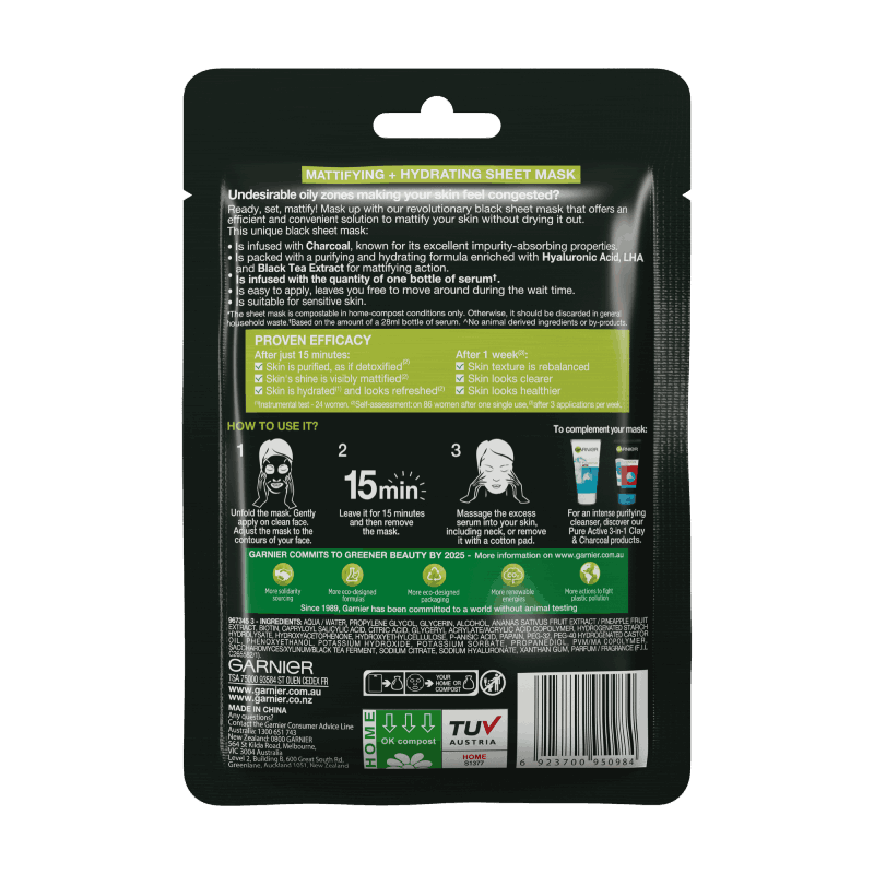 Garnier Pure Charcoal Hyaluronic Acid + Black Tea Sheet Mask 